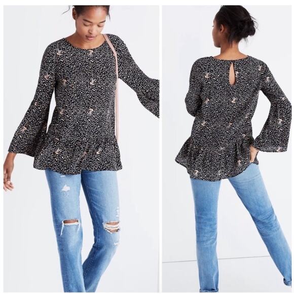 Madewell Silk Fiesta Black Paisley Grandma Cottage Peplum Bell Sleeve Top XXS - Picture 1 of 10